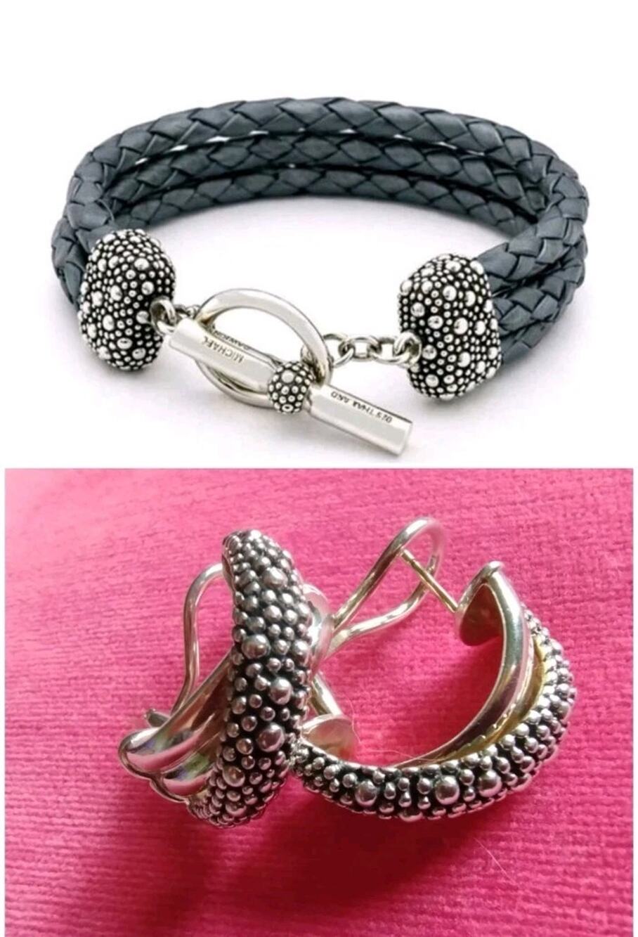 Michael Dawkins Starry Night 925 Set: Leather Toggle Bracelet & Huggie Earrings